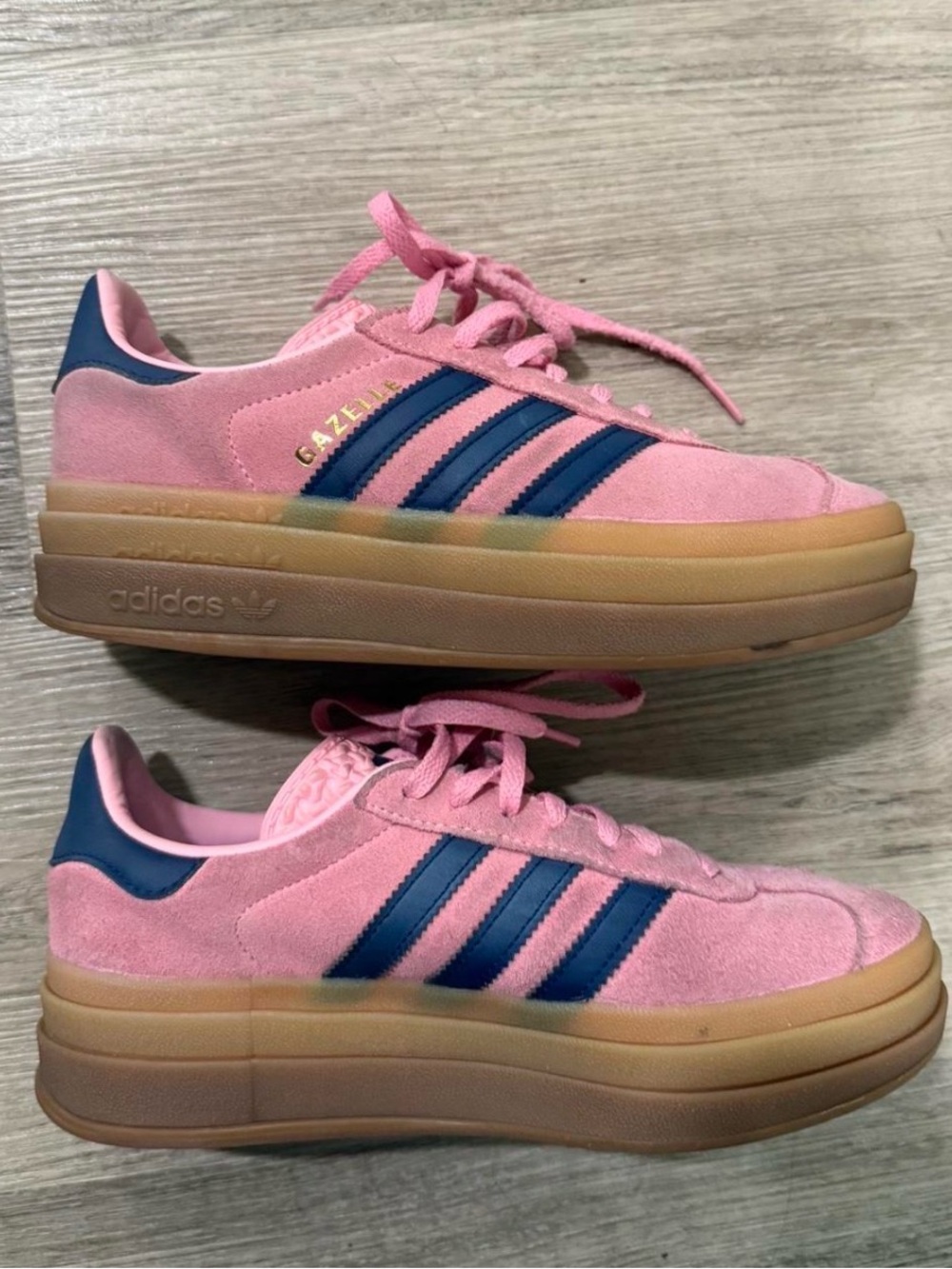 Adidas Pink Platform Gazelle Sneakers with Blue Stripes